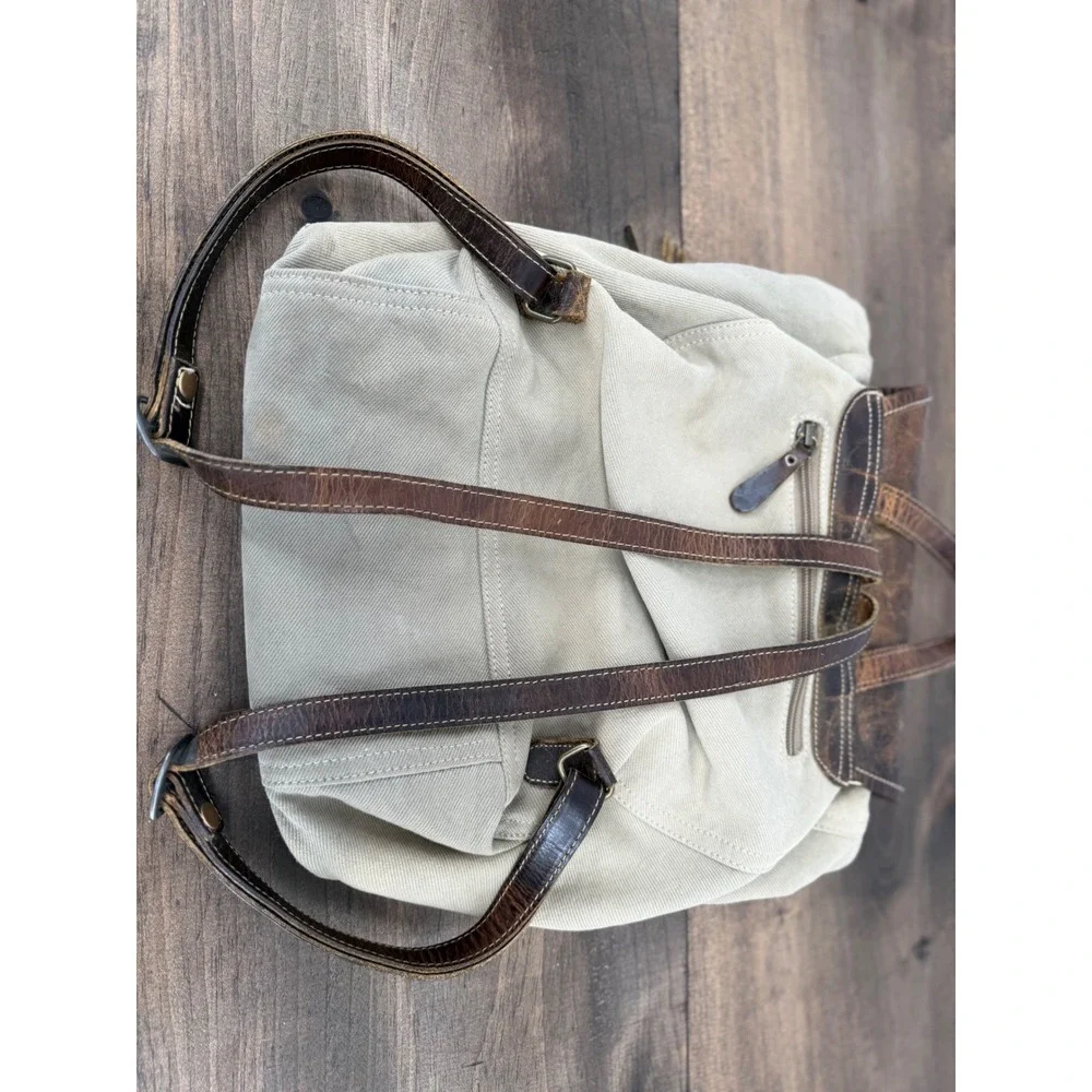 Myra Bag Felicity Backpack Upcycled Canvas Leather Rug Backpack Brown Tan